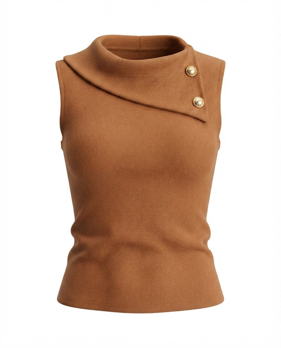 Blusa Regata gola alta de 2 botões malha ribana - Branco