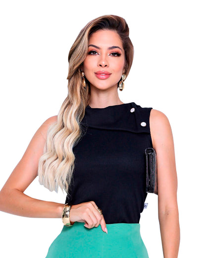 Blusa Regata gola alta de 2 botões malha ribana - Preto