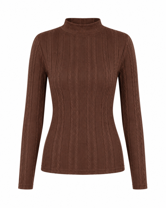 Blusa manga longa gola alta malha ribana - Marrom