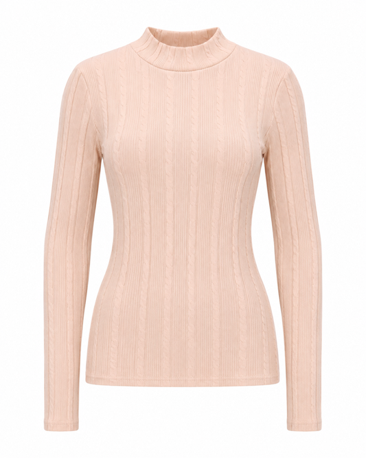 Blusa manga longa gola alta malha ribana - Bege