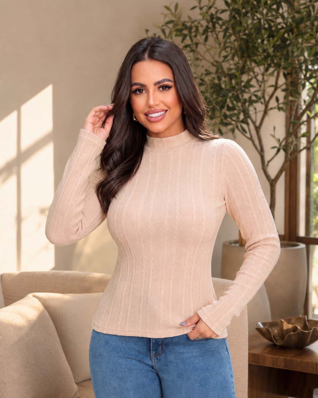 Blusa manga longa gola alta malha ribana - Bege