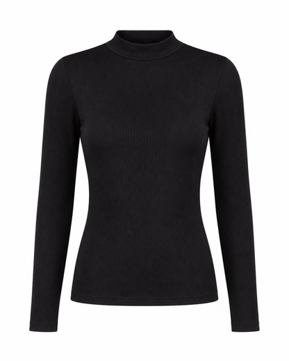 Blusa gola alta manga comprida malha ribana poliéster - Preto
