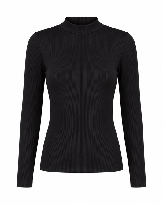Blusa gola alta manga comprida malha ribana poliéster - Preto