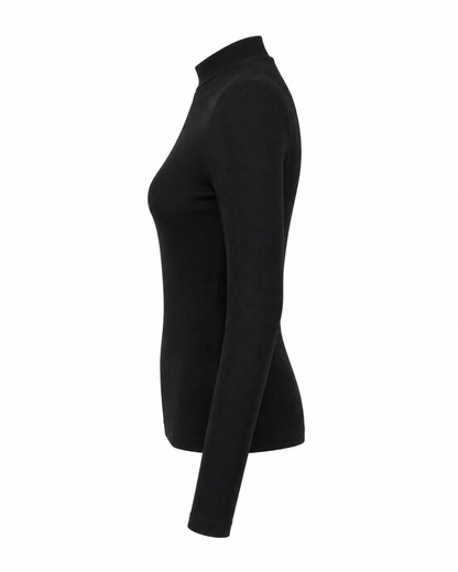 Blusa gola alta manga comprida malha ribana poliéster - Preto