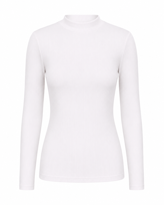 Blusa gola alta manga comprida malha ribana poliéster - Branco