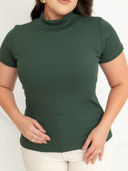 Blusa gola alta manga três por quatro inverno malha ribana - Verde Militar
