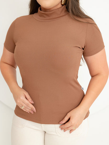 Blusa gola alta manga três por quatro inverno malha ribana - Chocolate