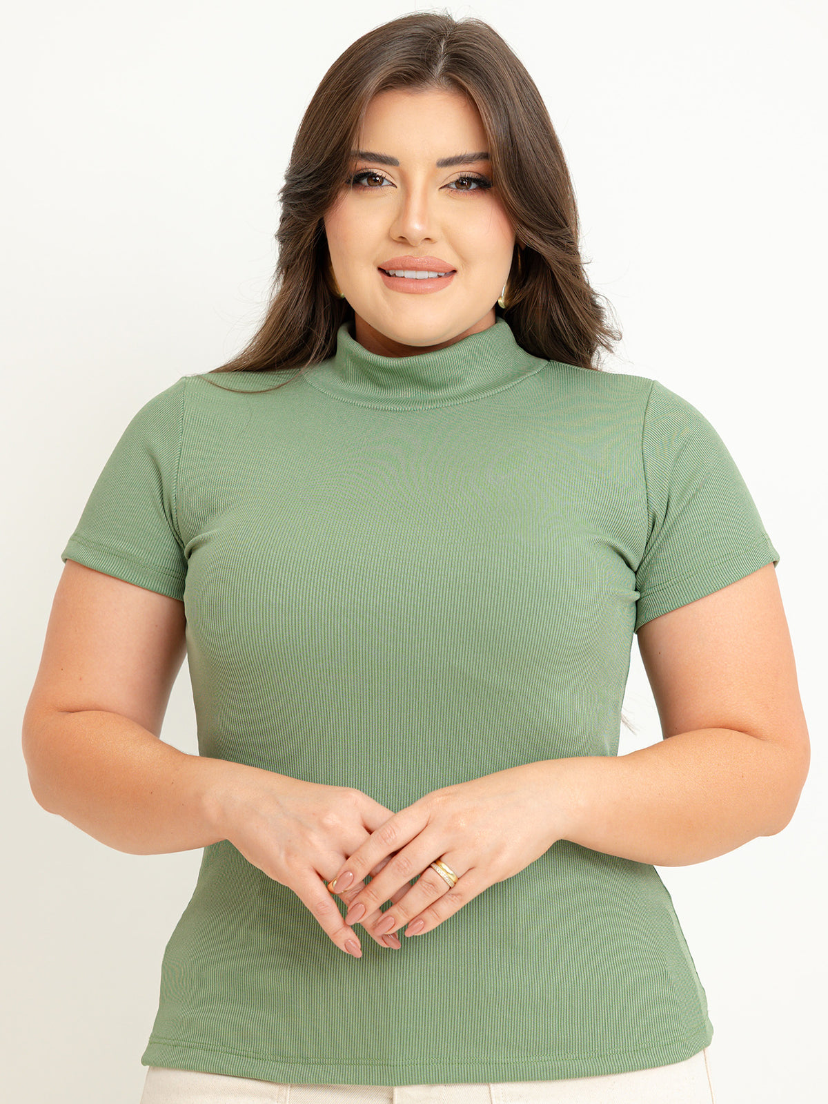Blusa gola alta manga três por quatro inverno malha ribana - Verde Menta