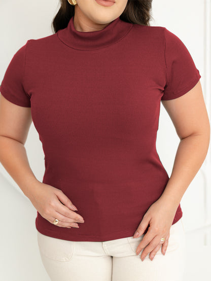 Blusa gola alta manga três por quatro inverno malha ribana - Cereja