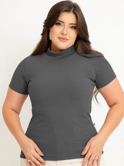 Blusa gola alta manga três por quatro inverno malha ribana - Chumbo