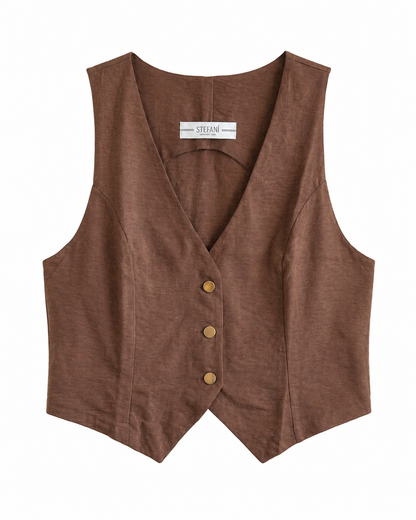 Colete feminino alfaiataria fake bolso - Marrom