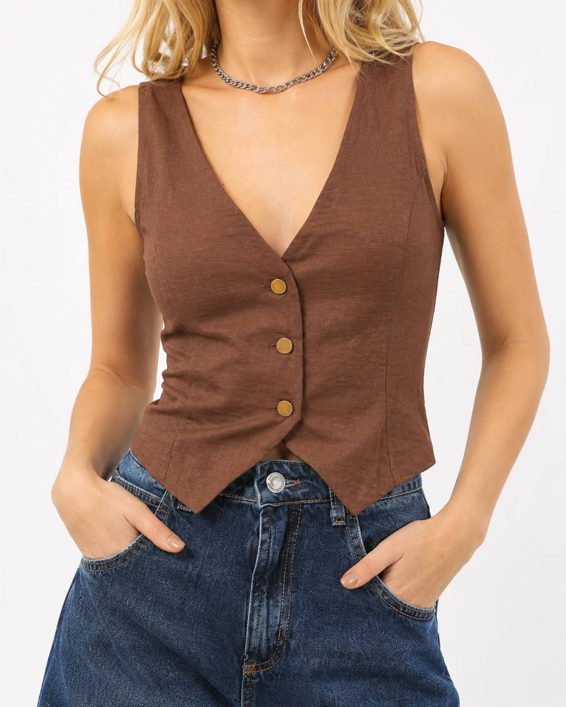 Colete feminino alfaiataria fake bolso - Marrom
