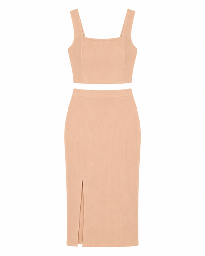 Conjunto Saia Mid e Cropped - Bege