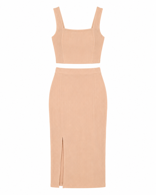 Conjunto Saia Mid e Cropped - Bege