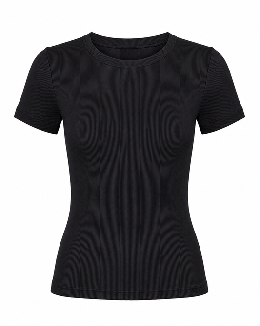 Blusa T-shirt Gola Careca Malha Ribana Poliéster - Preto
