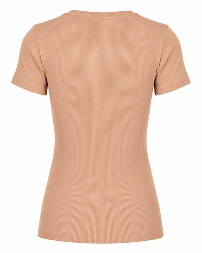 Blusa T-shirt Gola Careca Malha Ribana Poliéster - Nude Pele