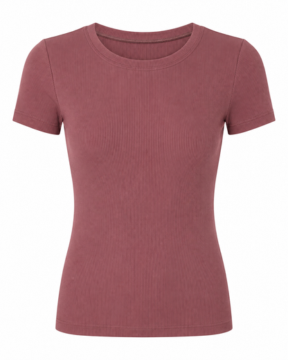Blusa T-shirt Gola Careca Malha Ribana Poliéster - Marrom