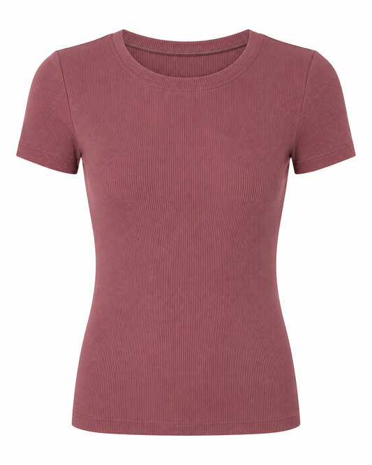 Blusa T-shirt Gola Careca Malha Ribana Poliéster - Marrom