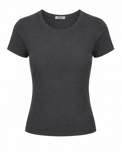 Blusa T-shirt Gola Careca Malha Ribana Poliéster - Preto