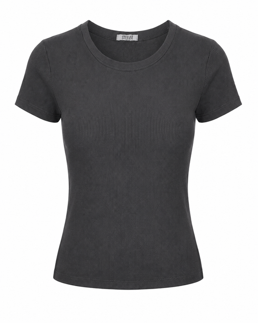 Blusa T-shirt Gola Careca Malha Ribana Poliéster - Chumbo