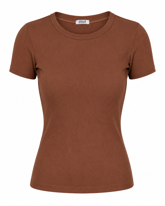 Blusa T-shirt Gola Careca Malha Ribana Poliéster - Chocolate