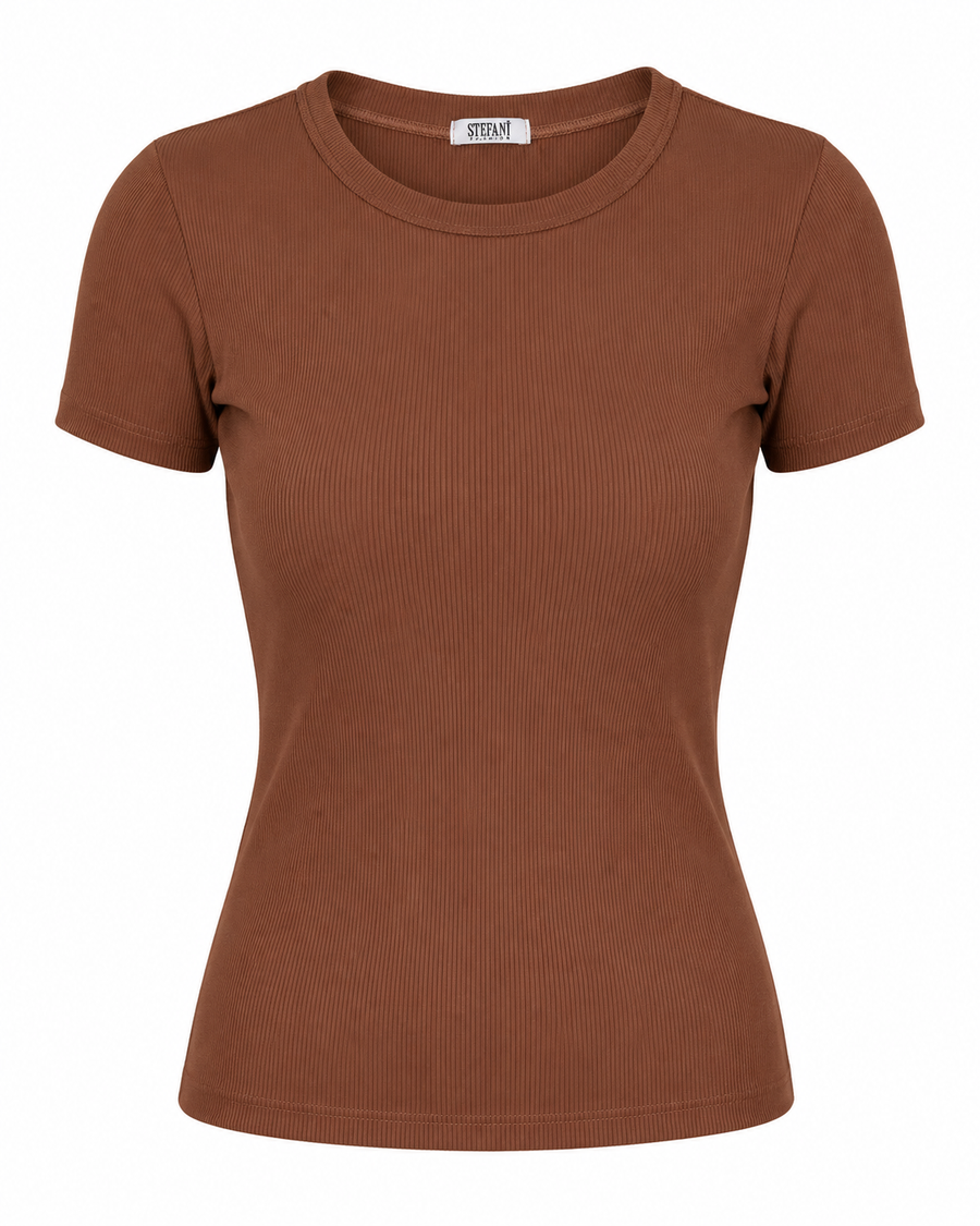 Blusa T-shirt Gola Careca Malha Ribana Poliéster - Chocolate