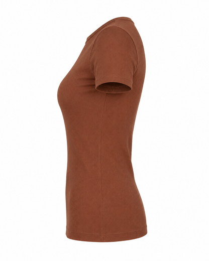 Blusa T-shirt Gola Careca Malha Ribana Poliéster - Chocolate