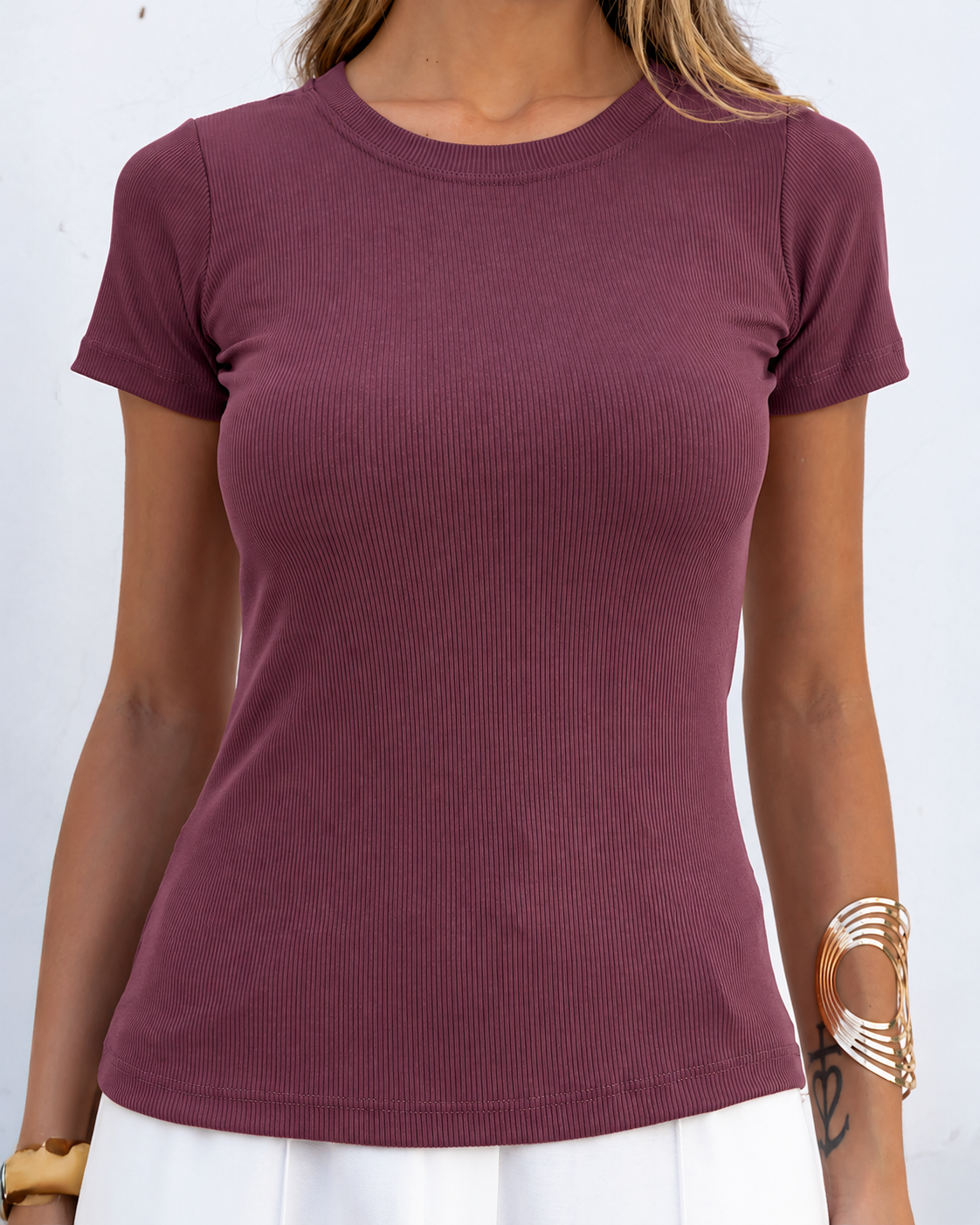 Blusa T-shirt Gola Careca Malha Ribana Poliéster - Cereja