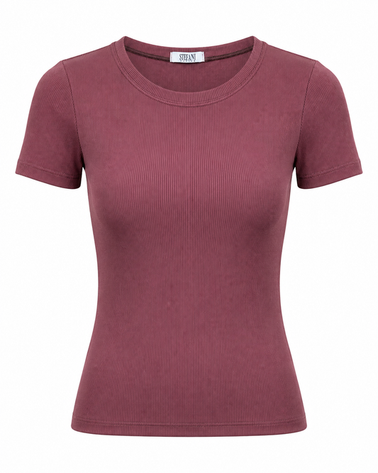 Blusa T-shirt Gola Careca Malha Ribana Poliéster - Cereja