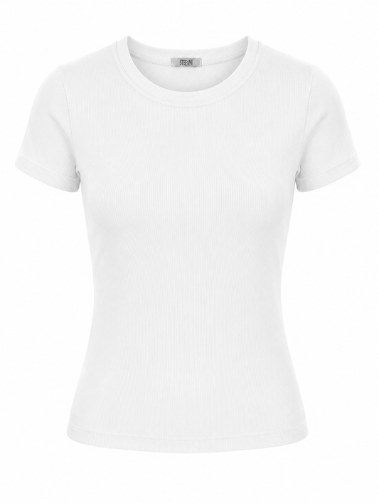 Blusa T-shirt Gola Careca Malha Ribana Poliéster - Branco