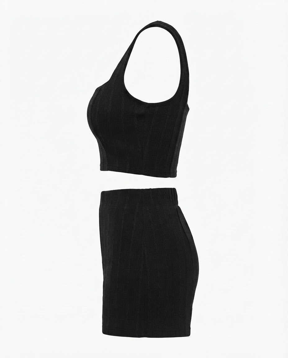 Conjunto Feminino Cropped e Short Cintura Média Malha Ribana - Preto