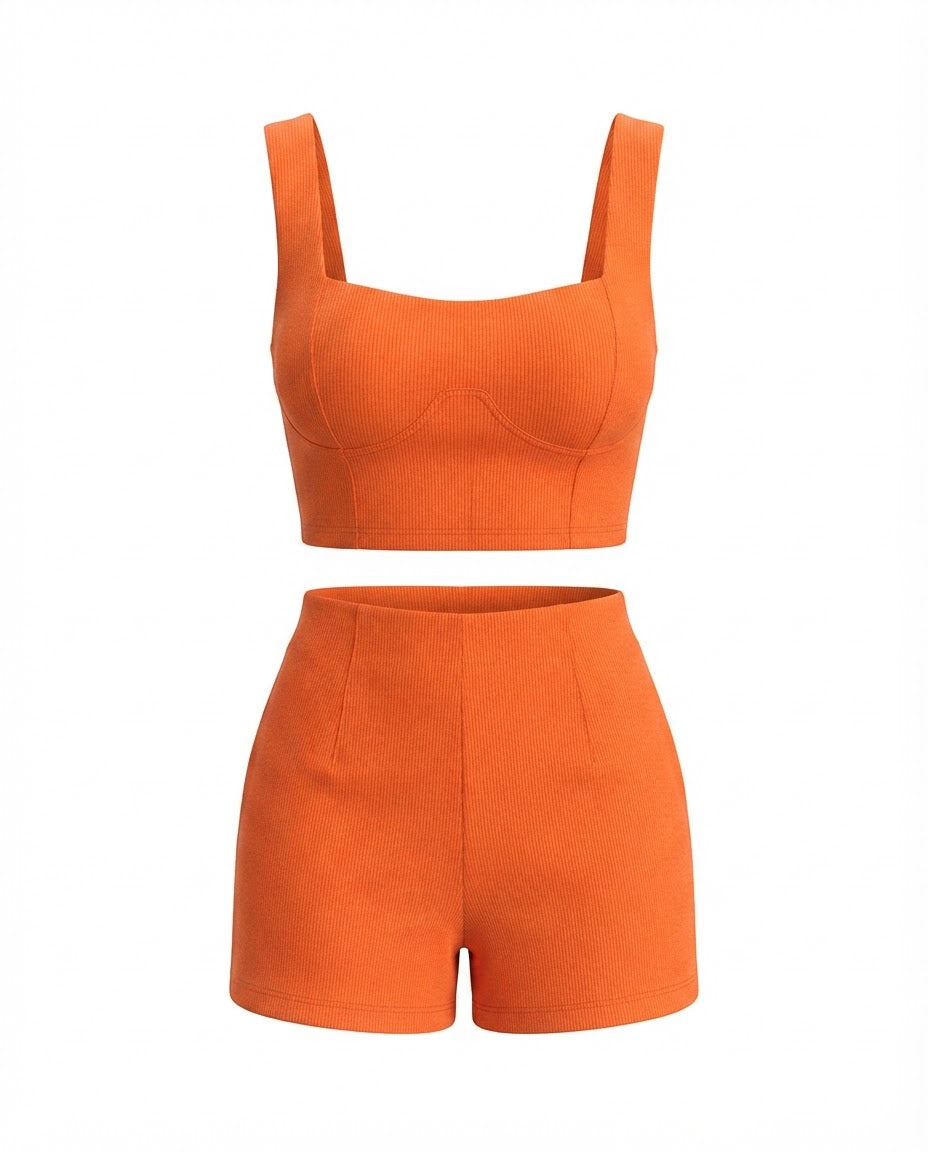 Conjunto Feminino Cropped e Short Cintura Média Malha Ribana - Preto