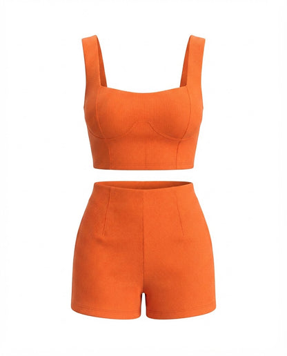 Conjunto Feminino Cropped e Short Cintura Média Malha Ribana - Preto