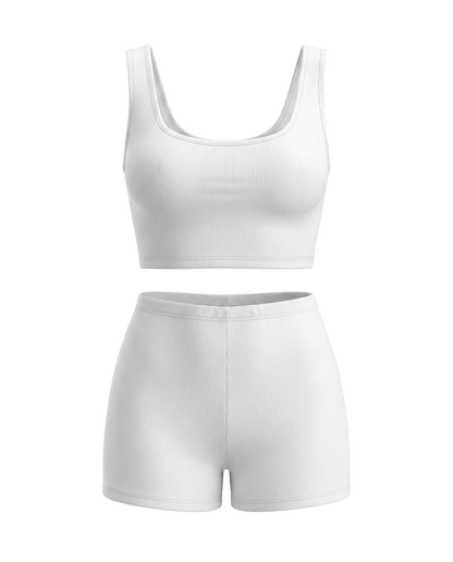 Conjunto Feminino Cropped e Short Cintura Média Malha Ribana - Branco