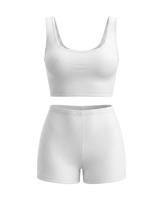 Conjunto Feminino Cropped e Short Cintura Média Malha Ribana - Branco