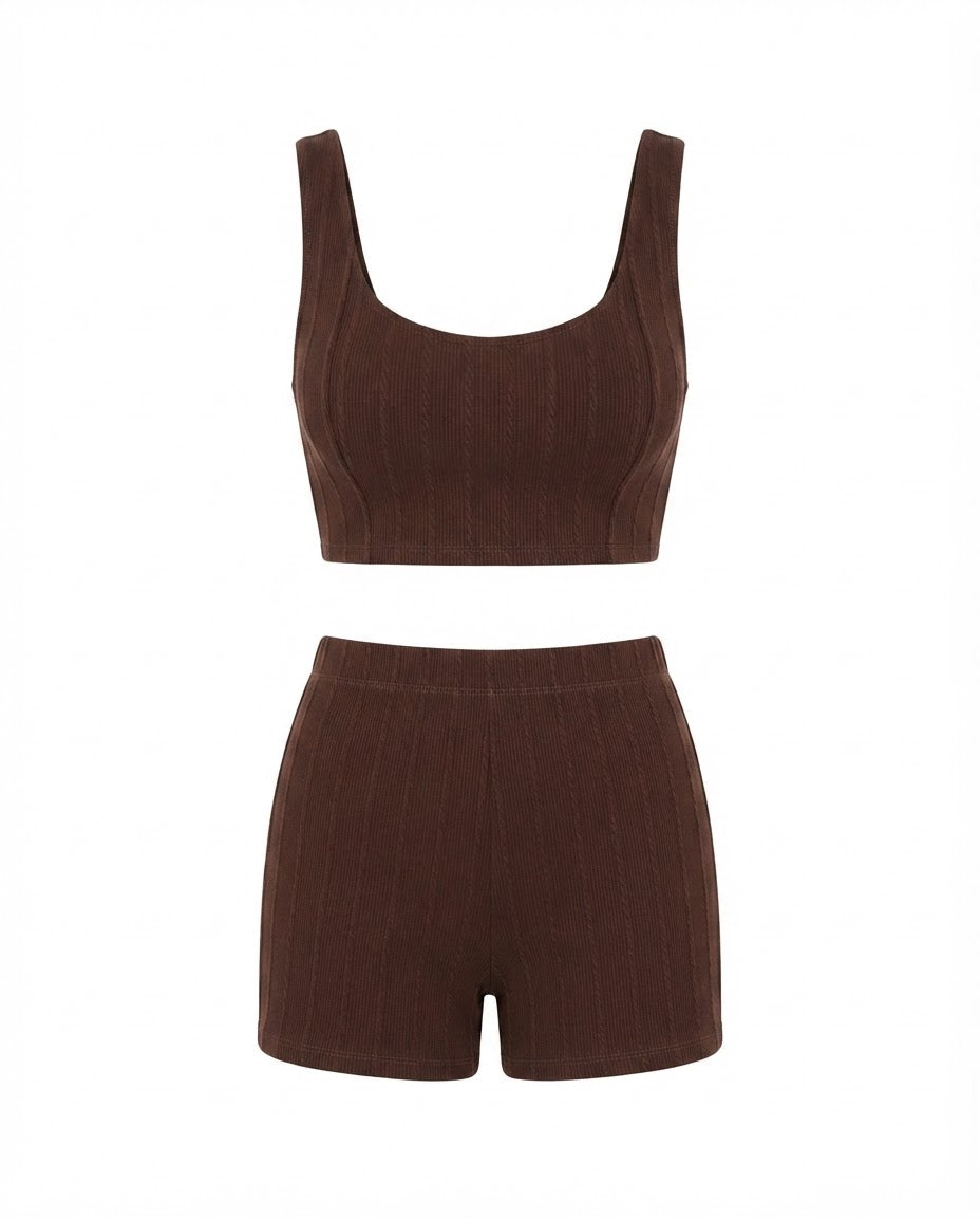 Conjunto Feminino Cropped e Short Cintura Média Malha Ribana - Preto