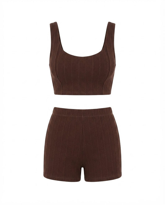 Conjunto Feminino Cropped e Short Cintura Média Malha Ribana - Marrom