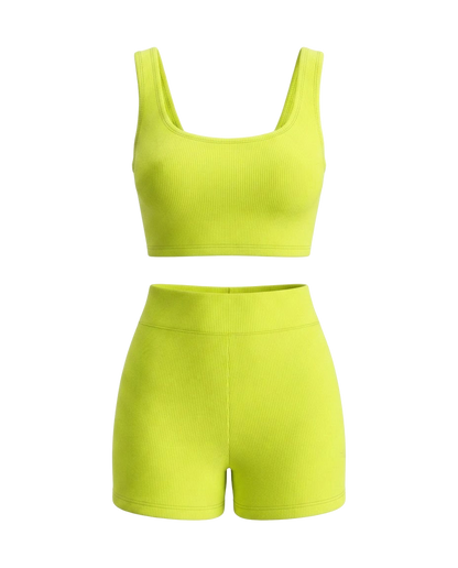 Conjunto Feminino Cropped e Short Cintura Média Malha Ribana - Amarelo Neon