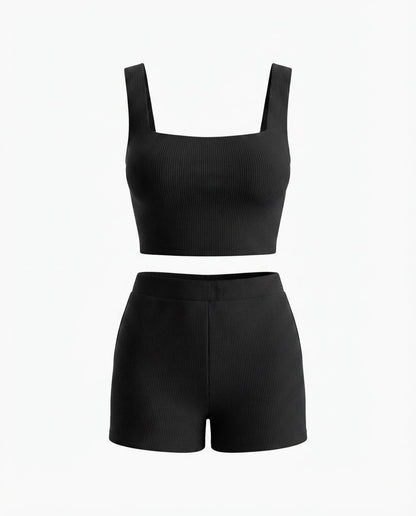 Conjunto Feminino Cropped e Short Cintura Média Malha Ribana - Marrom