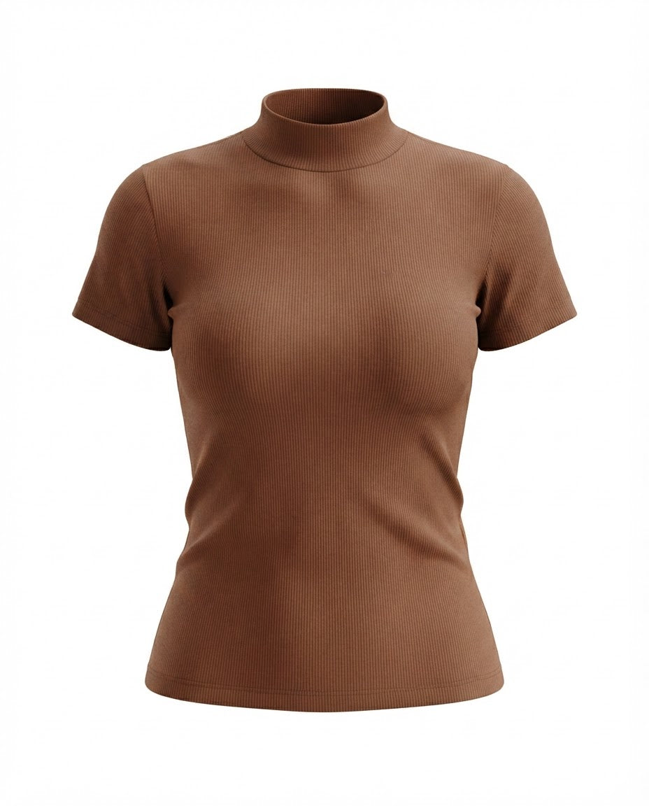 Blusa gola alta manga três por quatro inverno malha ribana - Chocolate