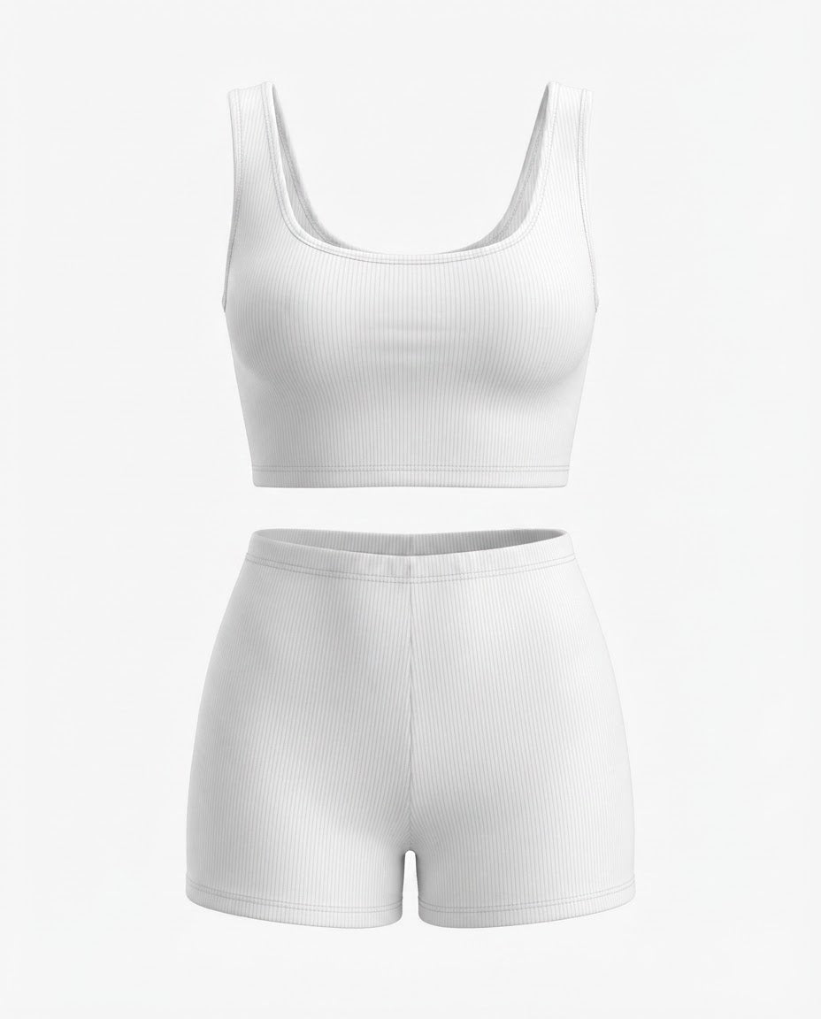 Conjunto Feminino Cropped e Short Cintura Média Malha Ribana - Nude