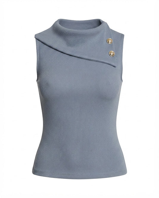 Blusa Regata gola alta de 2 botões malha ribana - Chumbo