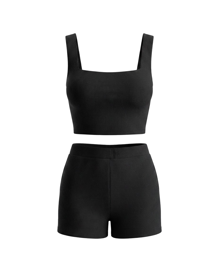 Conjunto Feminino Cropped e Short Cintura Média Malha Ribana - Preto