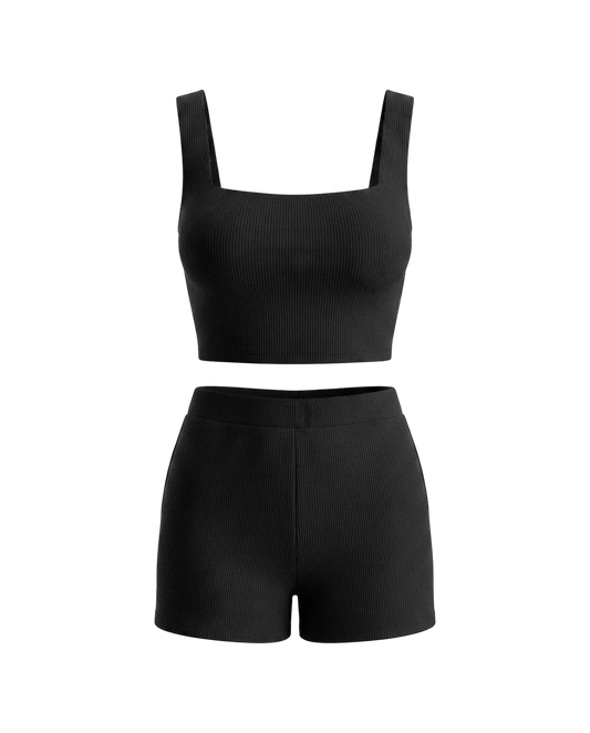Conjunto Feminino Cropped e Short Cintura Média Malha Ribana - Preto