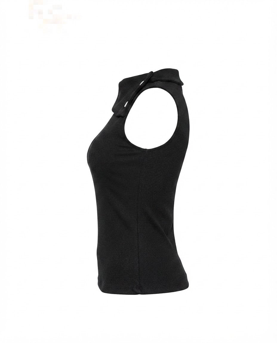 Blusa Regata gola alta de 2 botões malha ribana - Preto
