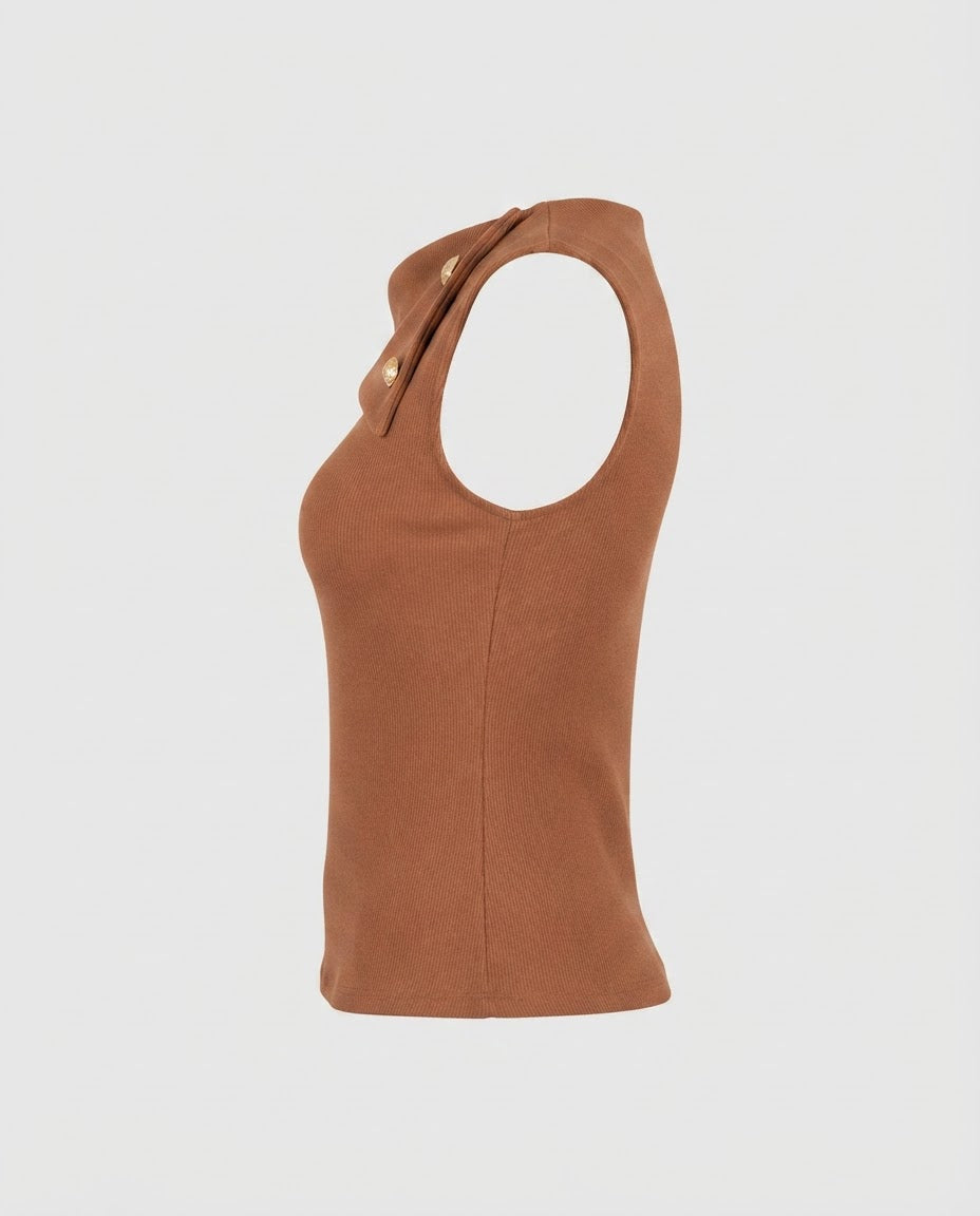 Blusa Regata gola alta de 2 botões malha ribana - Chocolate