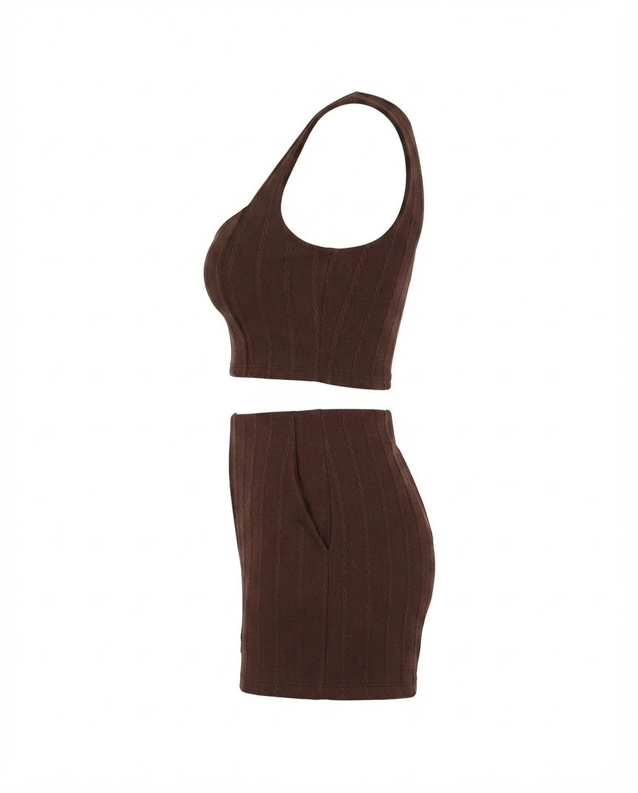 Conjunto Feminino Cropped e Short Cintura Média Malha Ribana - Marrom