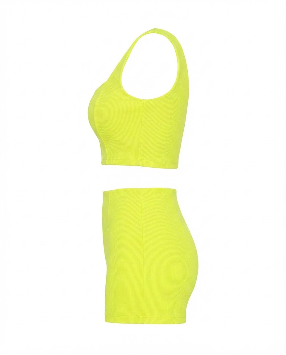 Conjunto Feminino Cropped e Short Cintura Média Malha Ribana - Amarelo Neon