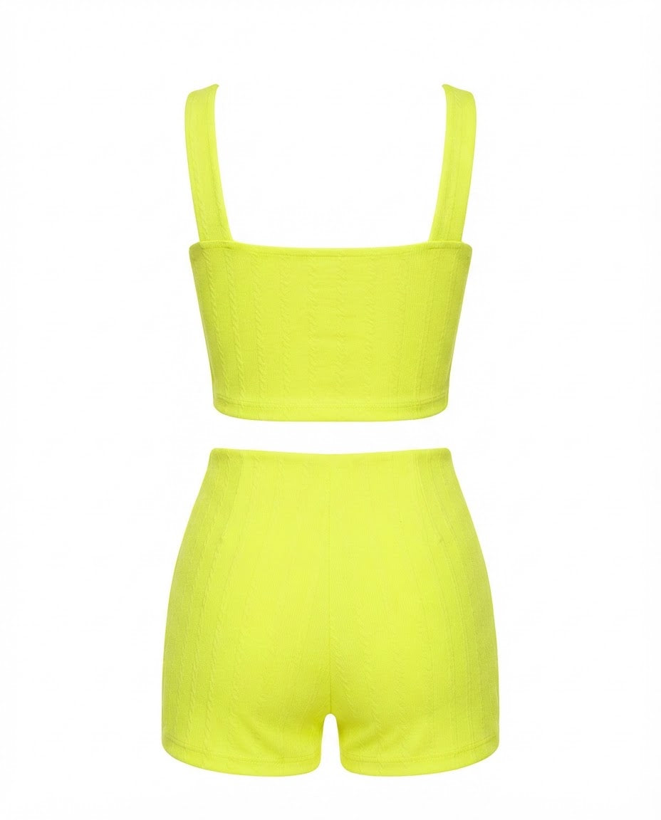 Conjunto Feminino Cropped e Short Cintura Média Malha Ribana - Amarelo Neon