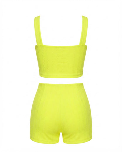Conjunto Feminino Cropped e Short Cintura Média Malha Ribana - Amarelo Neon